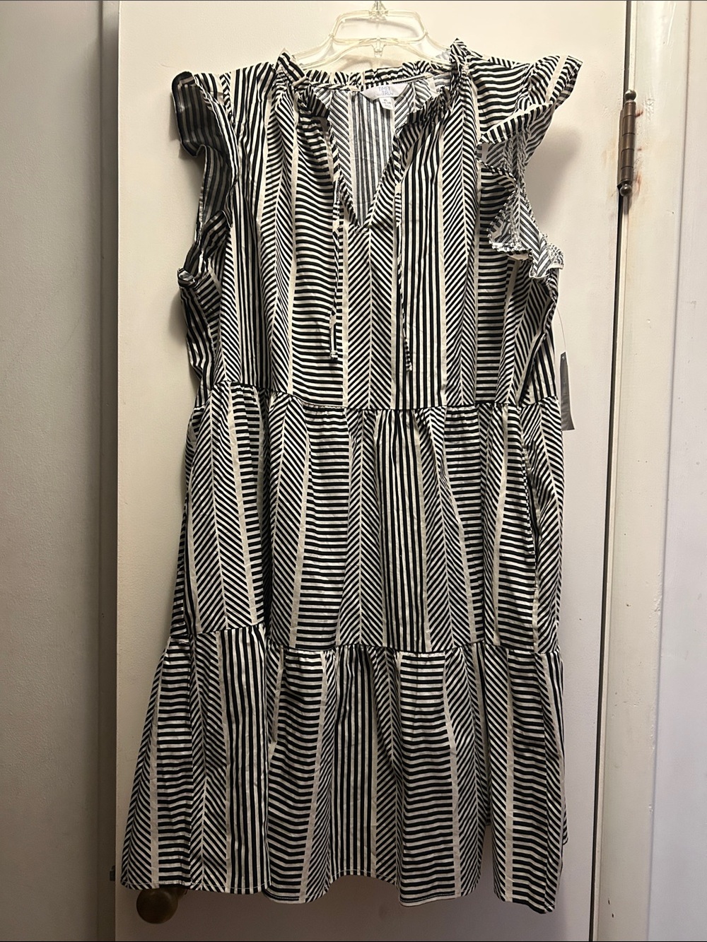 Time and Tru Black and White Striped Tiered Midi Dress